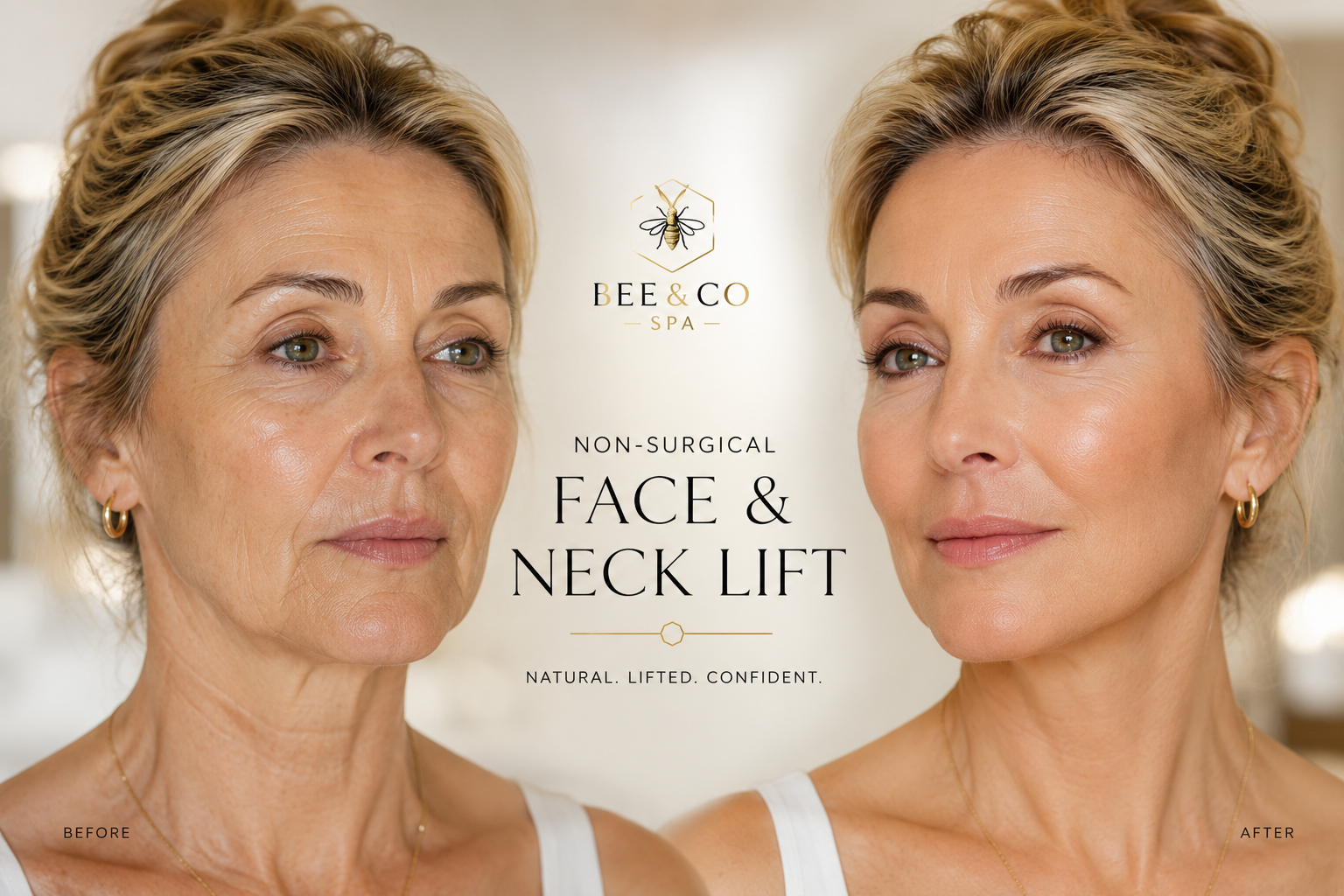 Nicole — before and after HIFU and facial treatments at Bee & Co Spa
